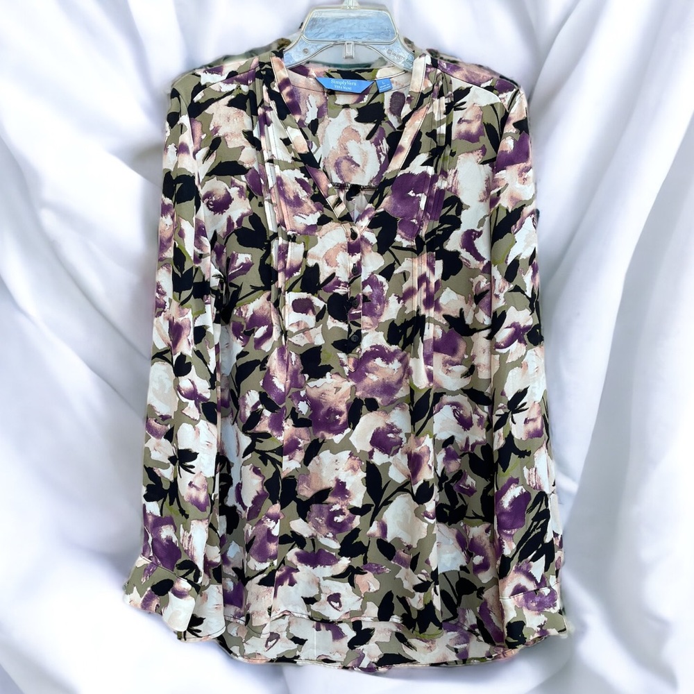 Simply Vera Vera Wang Long Sleeve V Neck 4 Button Popover Floral Blouse Large - Picture 3 of 14